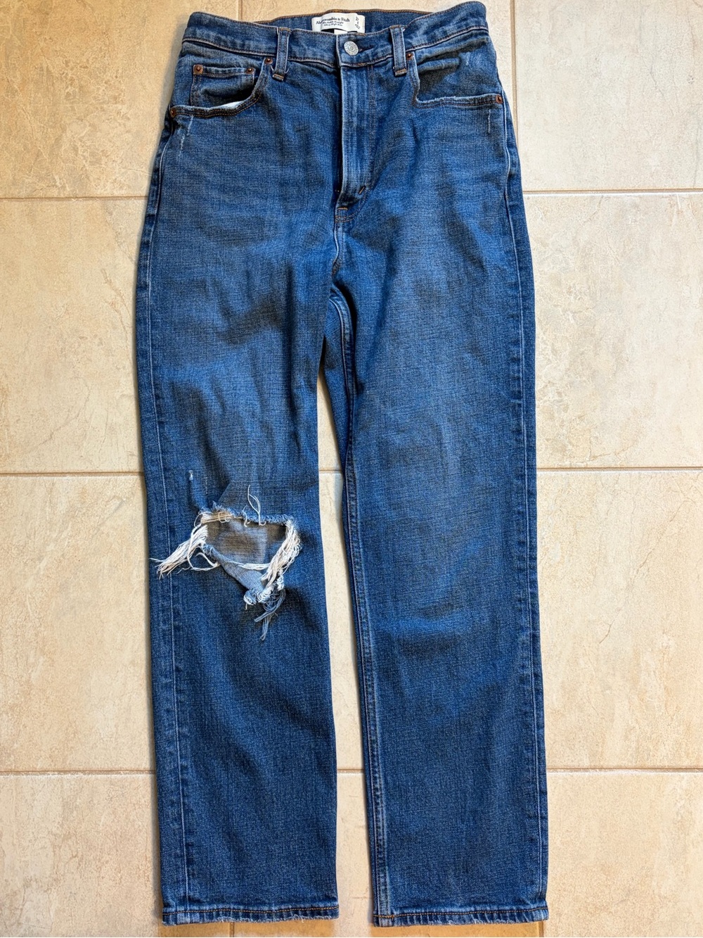 Abercrombie & Fitch Women's Dark Blue Straight Leg Jeans with Distressed Knee